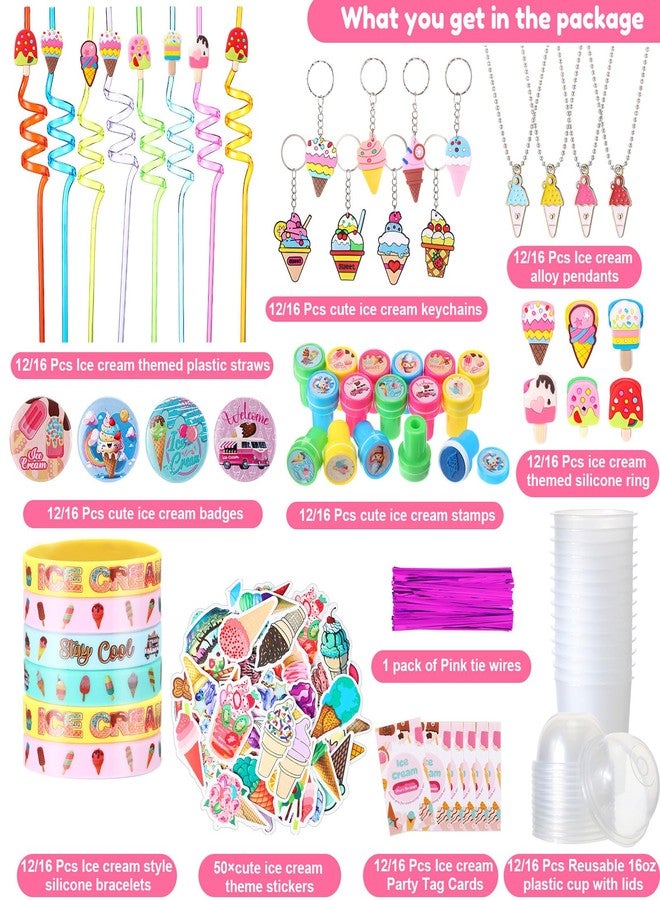 Chivertion 195 Pcs Ice Cream Birthday Party Favors Bulk for 16 Kids Include Keychain Necklace Silicone Bracelet Ring Badge Stamp Sticker Tags Twist Tie Cup Lid Straw for Summer Birthday Party Rewards - Image 2